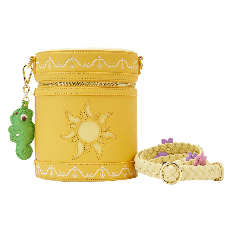 Yellow cylindrical crossbody bag in the shape of Rapunzel's lantern with a strap that looks like her braided hair